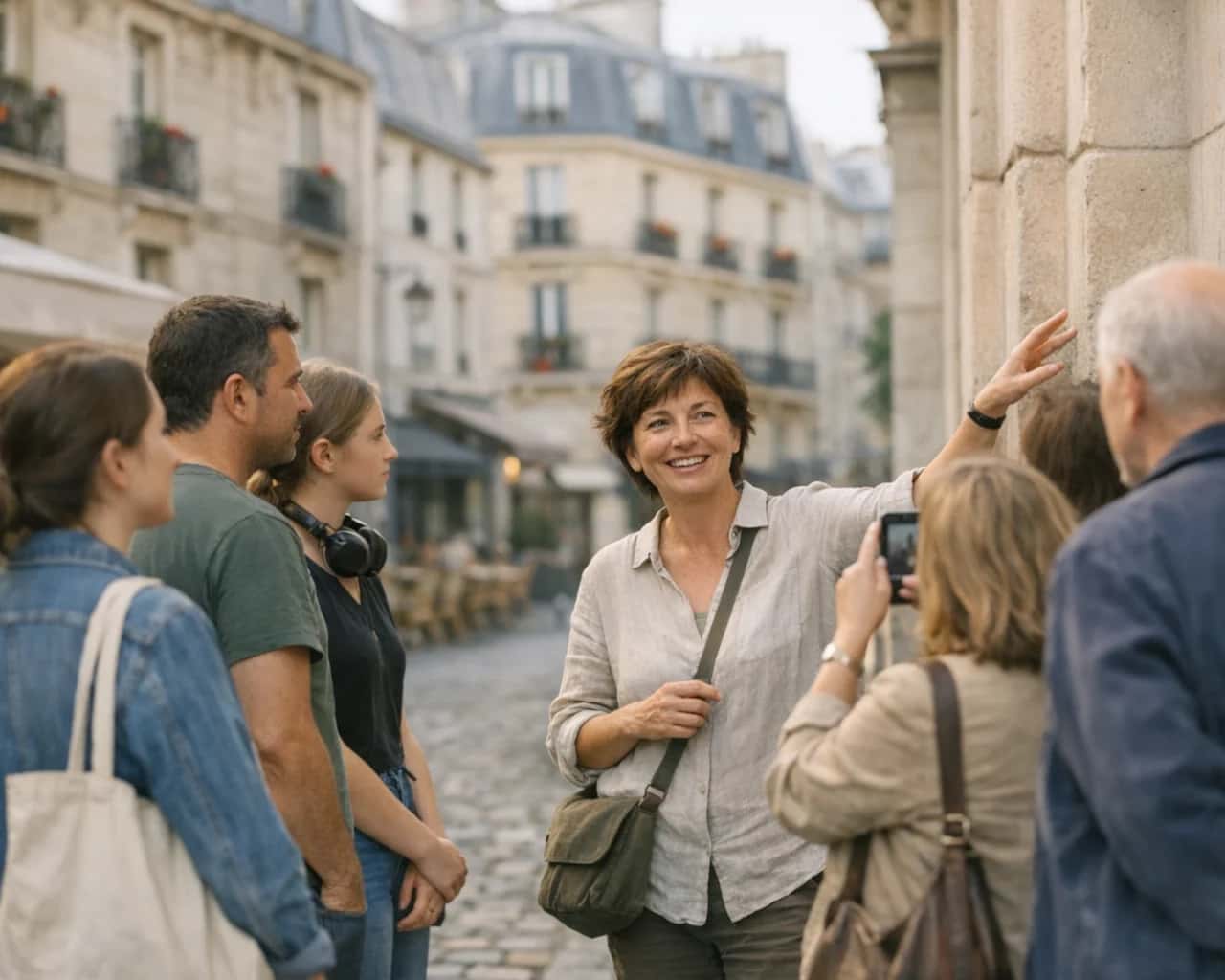Una guía conversa con un pequeño grupo en una calle del viejo París con edificios de piedra y terrazas de café.